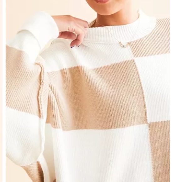 Free People Checker Easy Street Oversized Tunic Sweater White Sand Size M NWT - Picture 3 of 10